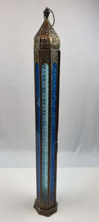 Large Arabesque Moroccan Metal & Blue Glass Lantern Floor Standing Décor Piece