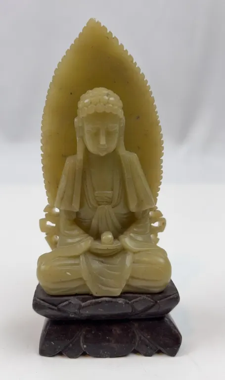 Vintage Carved Buddha Statue on Lotus Base with Bodhi Leaf Backing