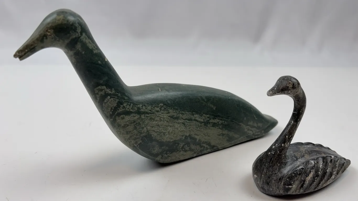 Pair of Stone Carved Waterfowl Bird Sculptures
