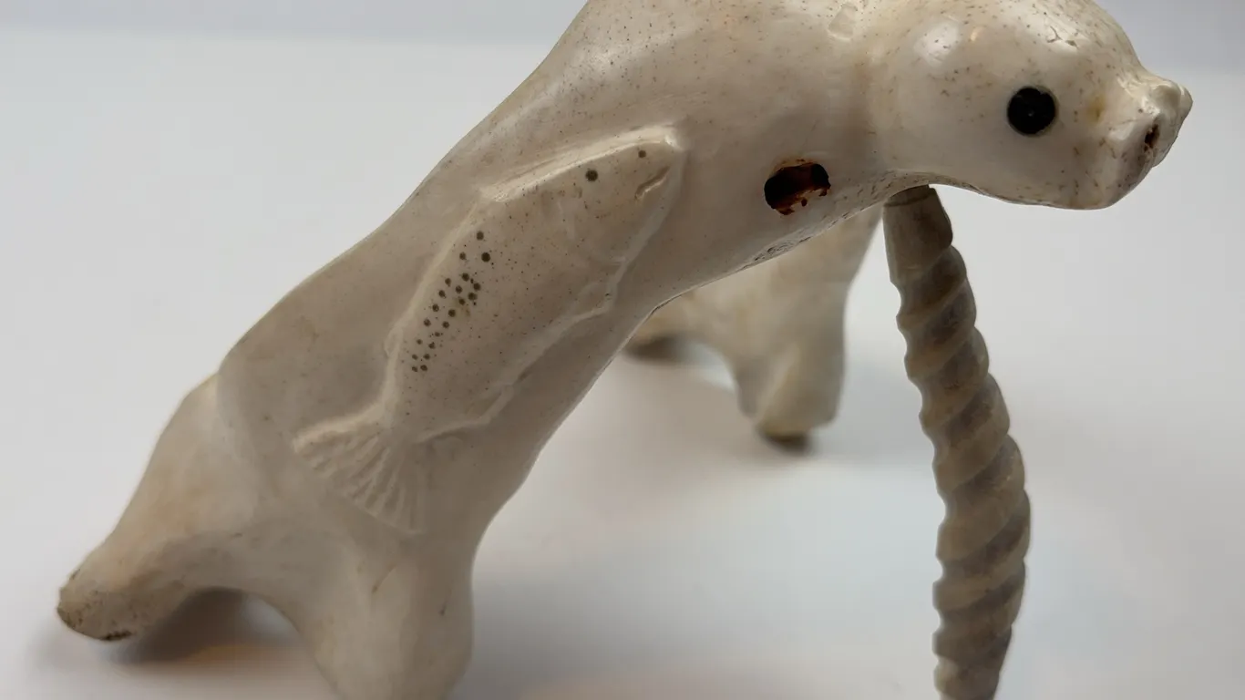 Vintage Inuit Folk Art Polar Bear and Narwhal Tusk Carving