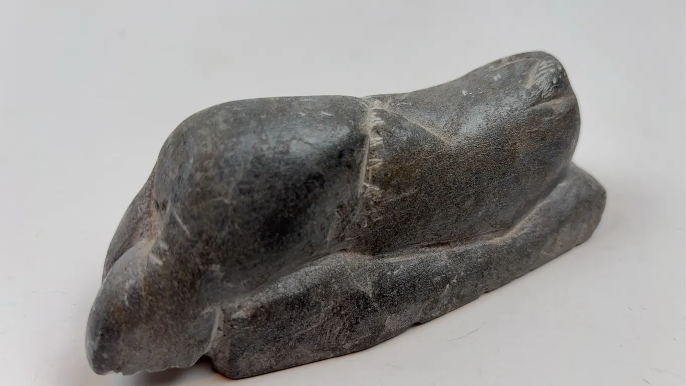 Signed Inuit Soapstone Seal Carving Resting on Ice Base