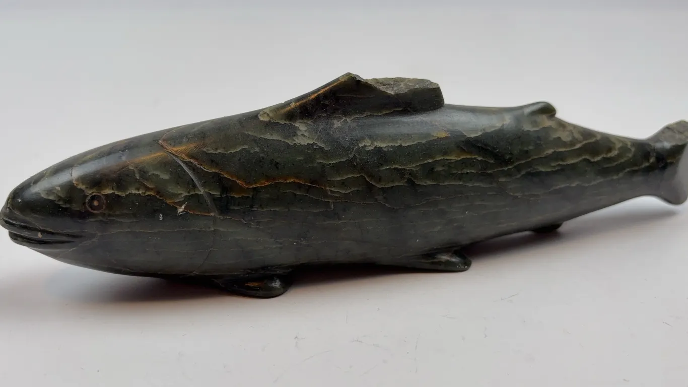 Signed Inuit Soapstone Fish Sculpture