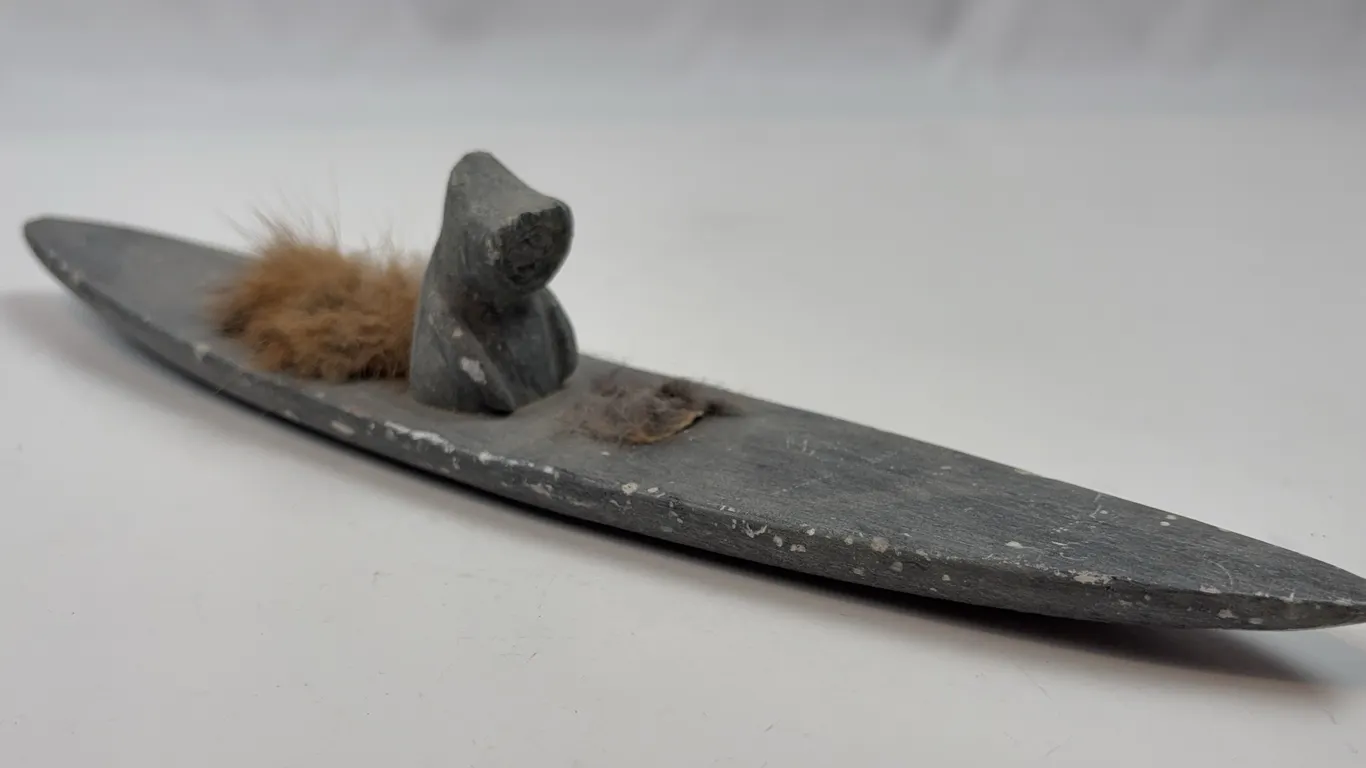 Vintage Inuit Kayaker Sculpture with Fur Detail, Signed Pimu