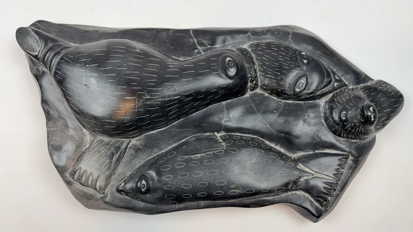 Inuit Soapstone Seal Hunter & Fish Sculpture
