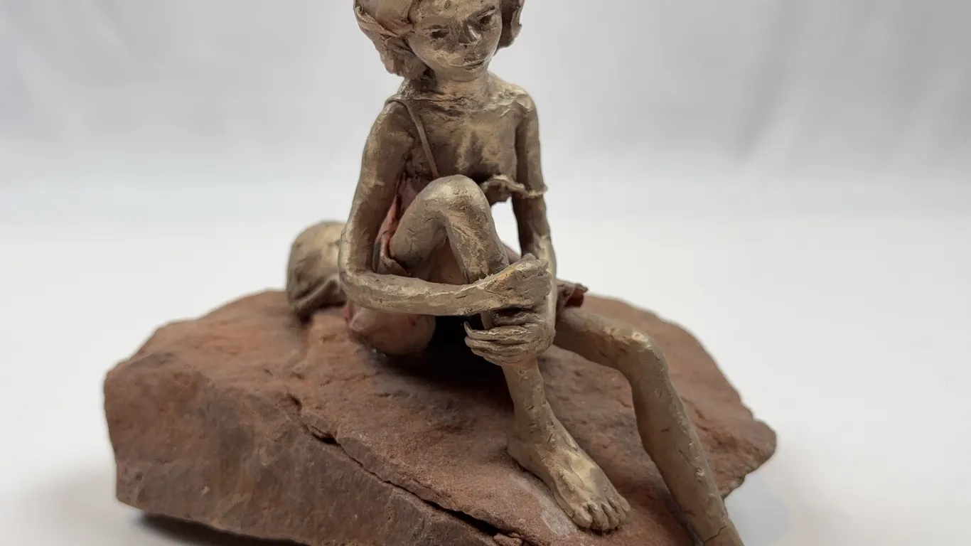 Artisan Figure Sculpture of Seated Child with Companion Animal