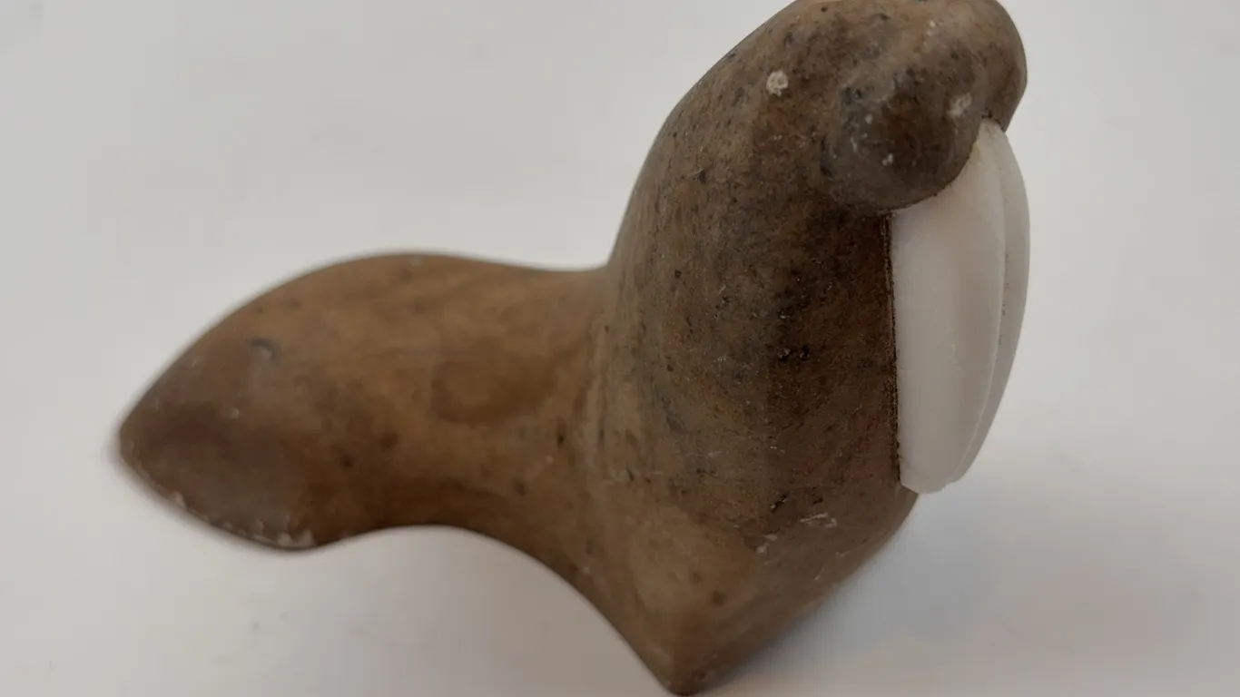Hand Carved Soapstone Walrus with Bone Tusks, Inuit Art