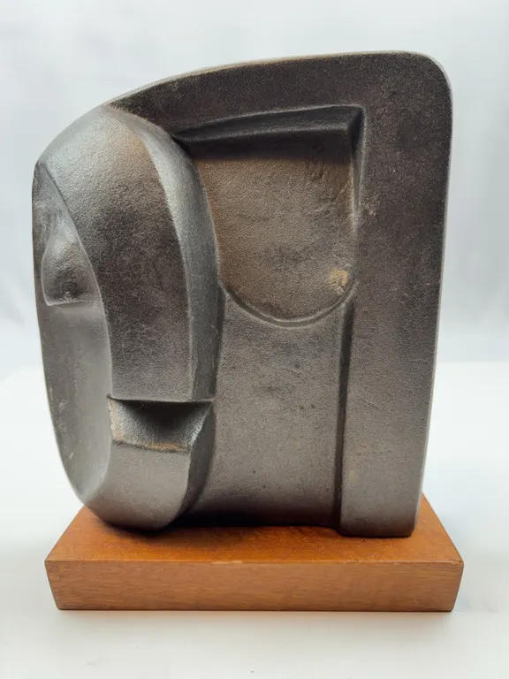 Abstract Modernist Face Sculpture in Stone on Wooden Base