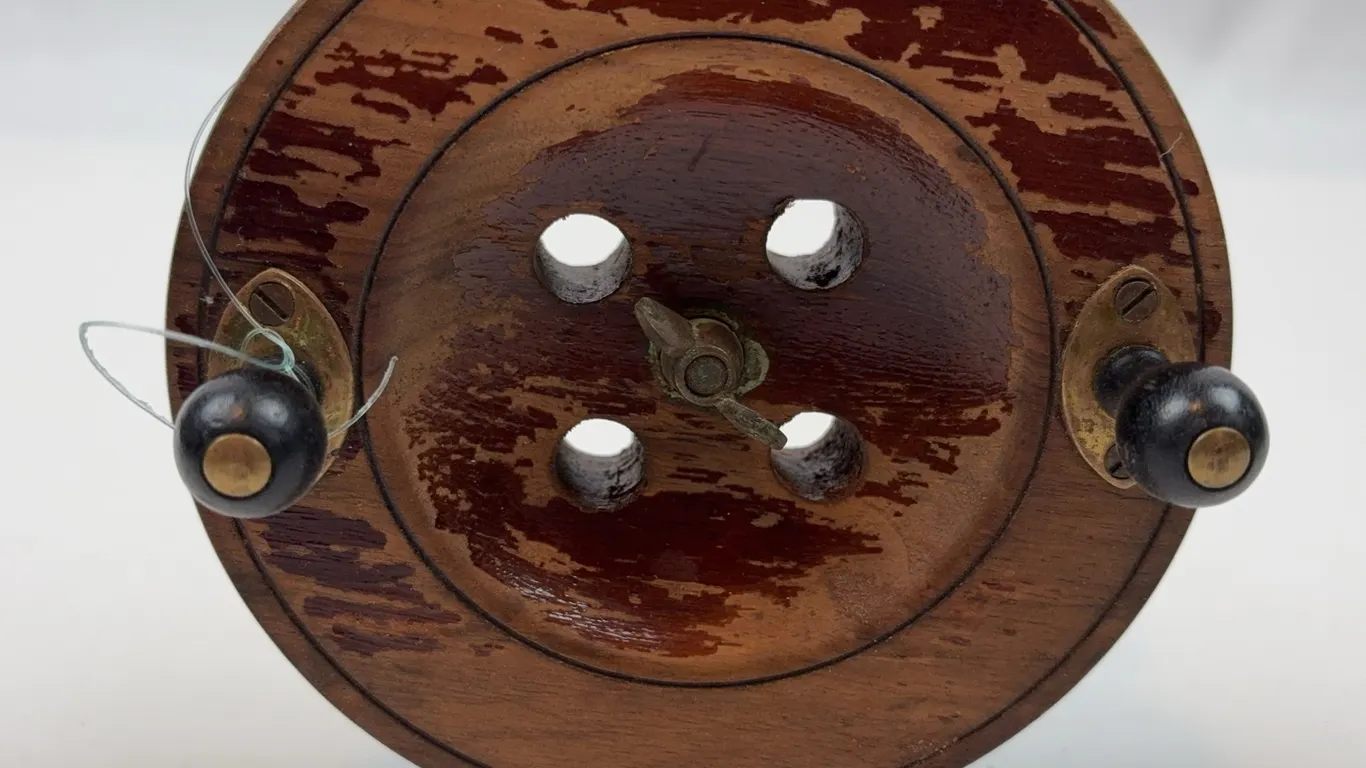 Vintage Wooden Fly Fishing Reel with Brass Foot and Handles