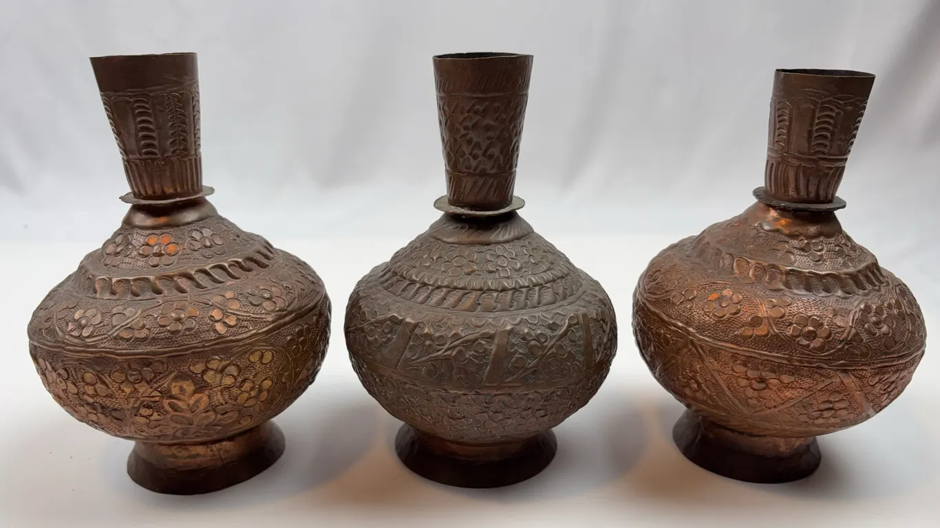 Vintage Set of 3 Embossed Copper Vases with Floral Motifs
