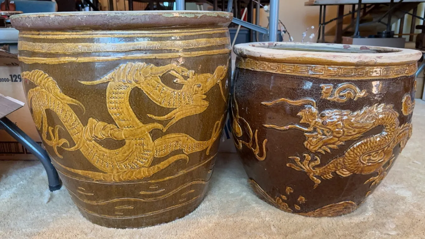 Pair of Asian Dragon Ceramic Garden Seats / Planters