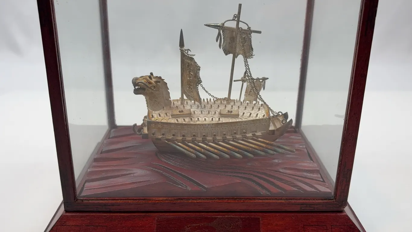 Vintage Chinese Junk Ship Diorama with Dragon Head & Glass Case