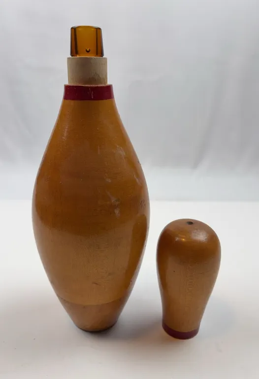 Vintage Wooden Bowling Pin Decanter with Amber Glass Stopper