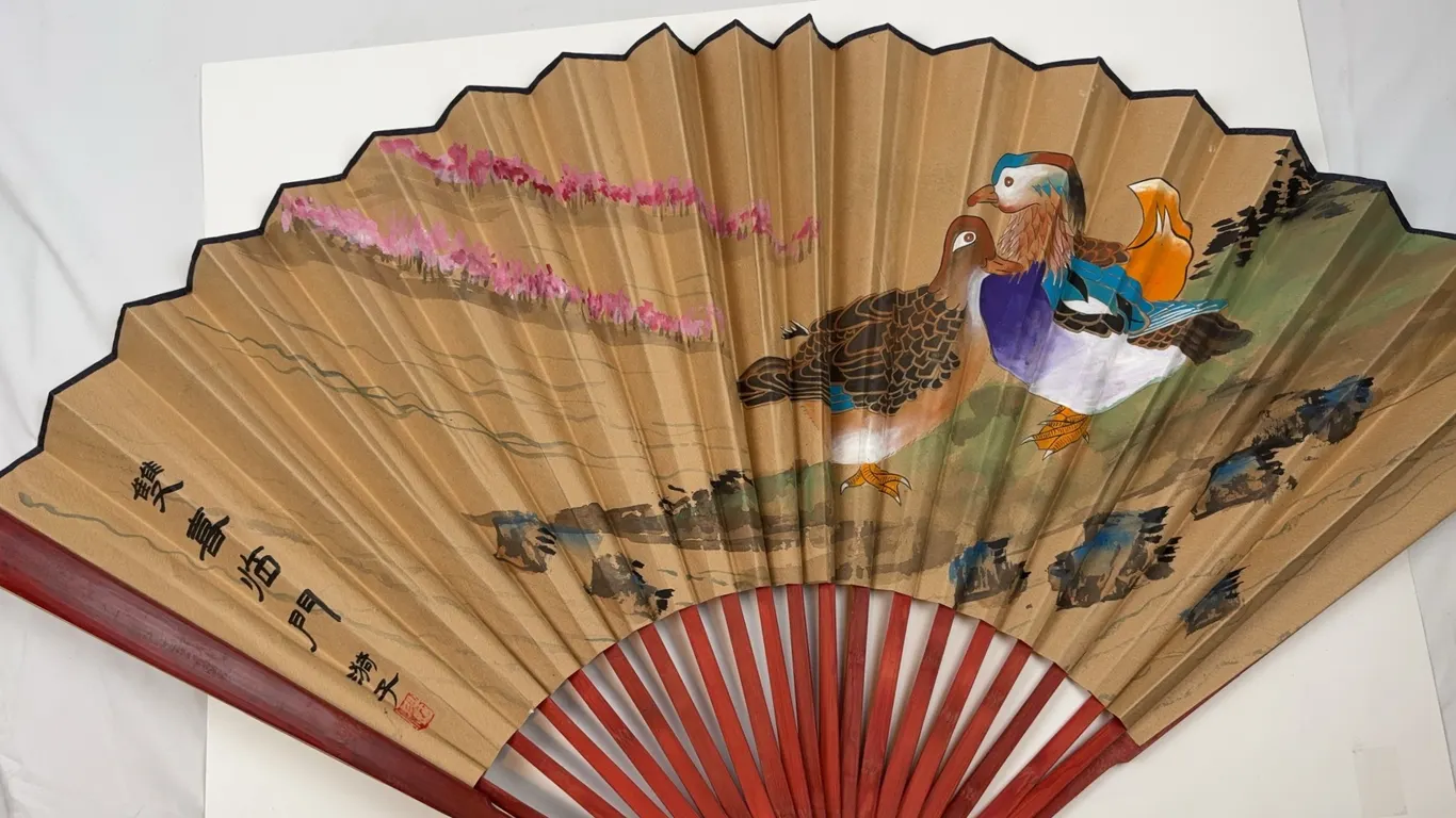 Vintage Hand-Painted Fan Featuring Mandarin Ducks and Floral Motifs