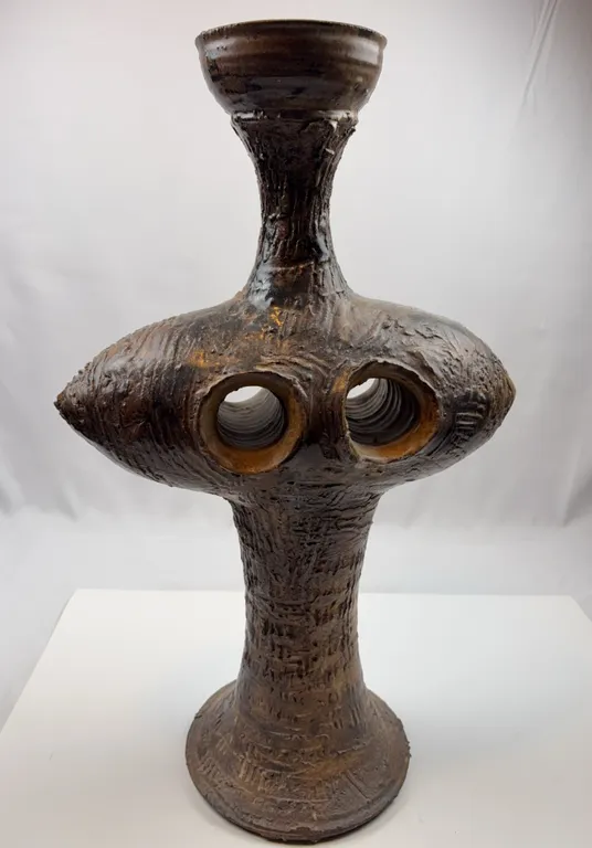 Abstract Modernist Pottery Vase with Twin Circular Openings
