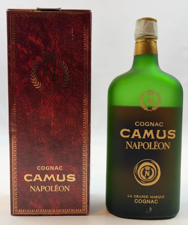 Vintage Camus Napoléon Cognac Green Frosted Bottle with Original Presentation Box