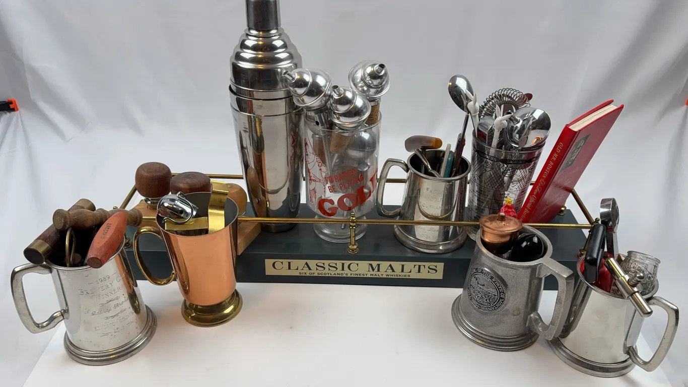 Vintage Barware Collection with Cocktail Shaker, Utensils & Pewter Mugs