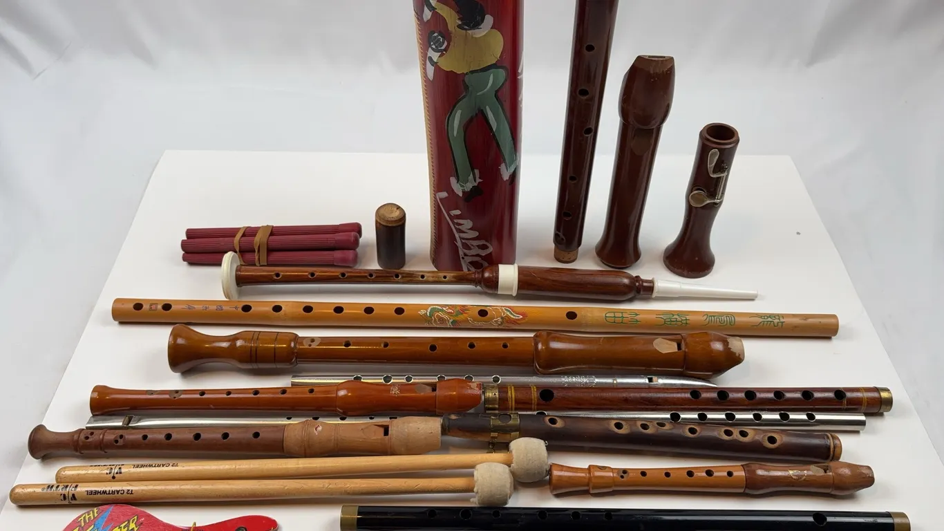 Assorted Woodwind Instrument Collection with Recorders, Flutes & Hand Drum