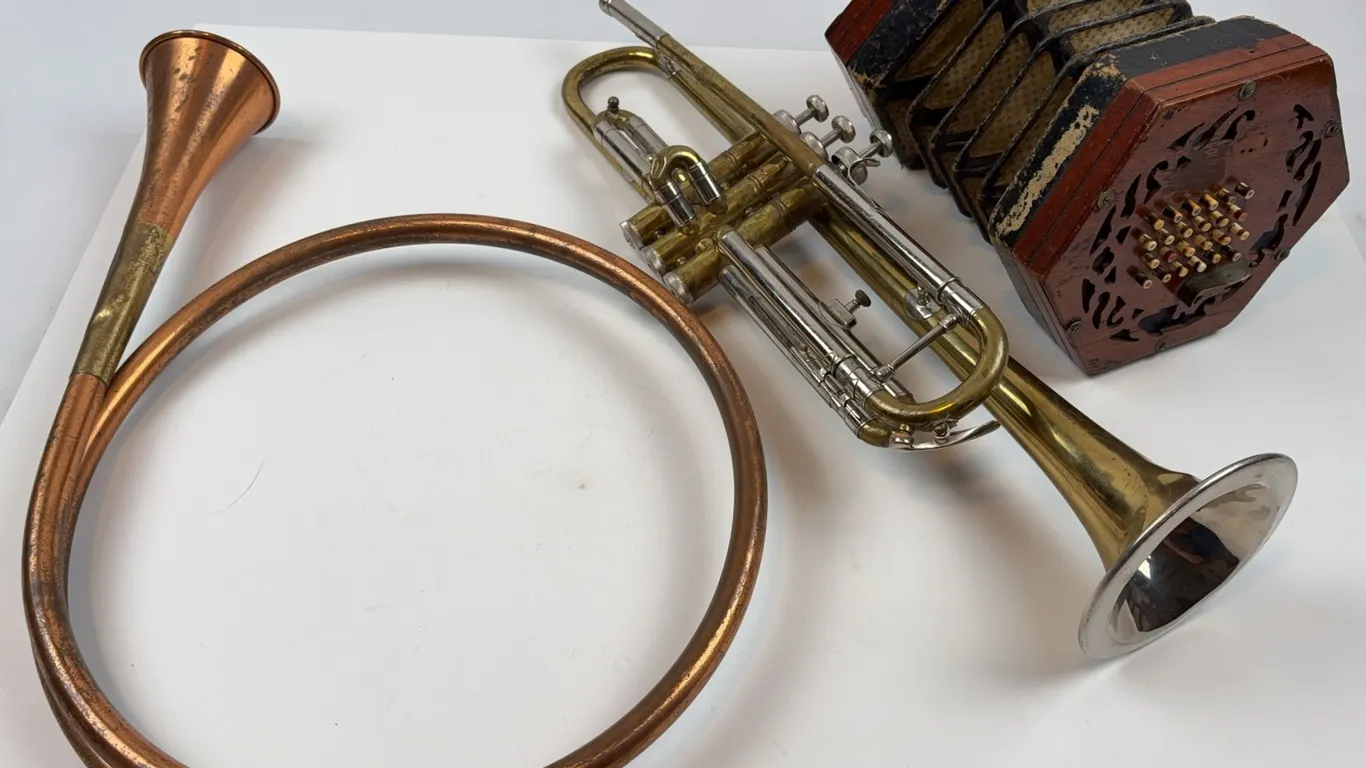 Vintage Brass Trumpet, Copper Post Horn & Concertina Instrument Collection