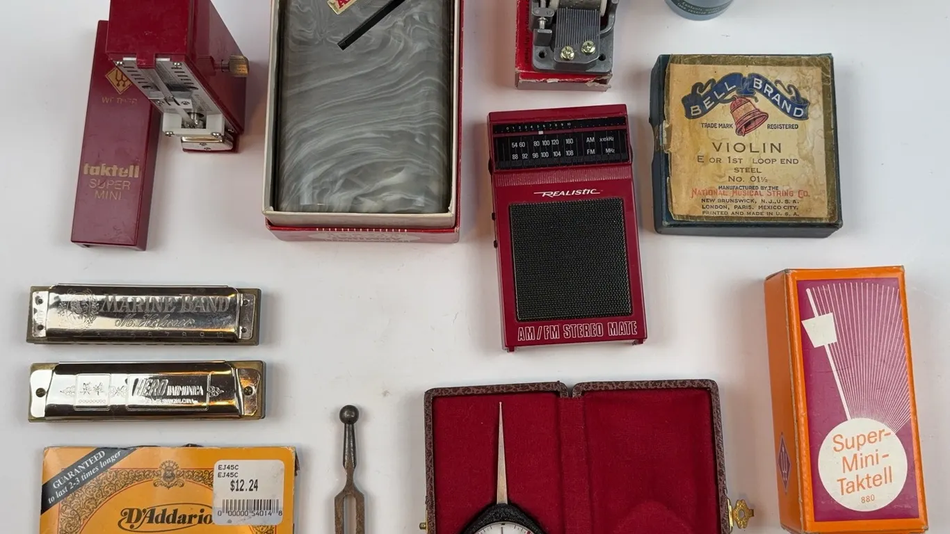 Vintage Music Instrument Accessories Collection Including Tuners & Harmonicas