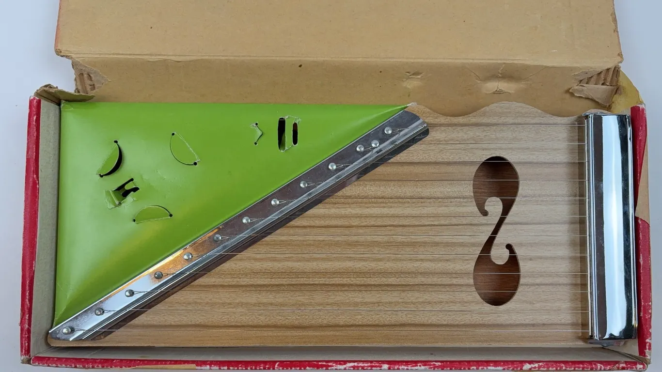 Vintage Zip Zither String Instrument with Original Box, Song Charts & Pick