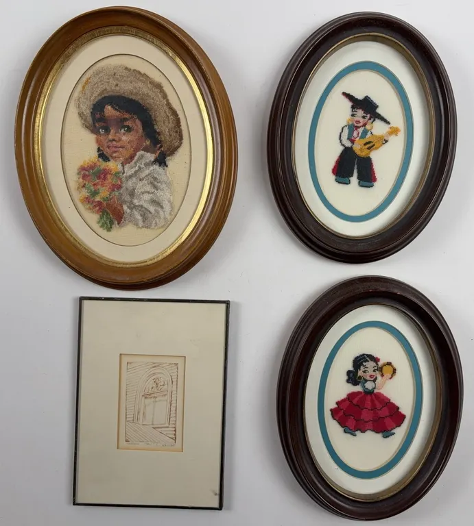 Framed Needlework & Miniature Art Collection Lot of 4