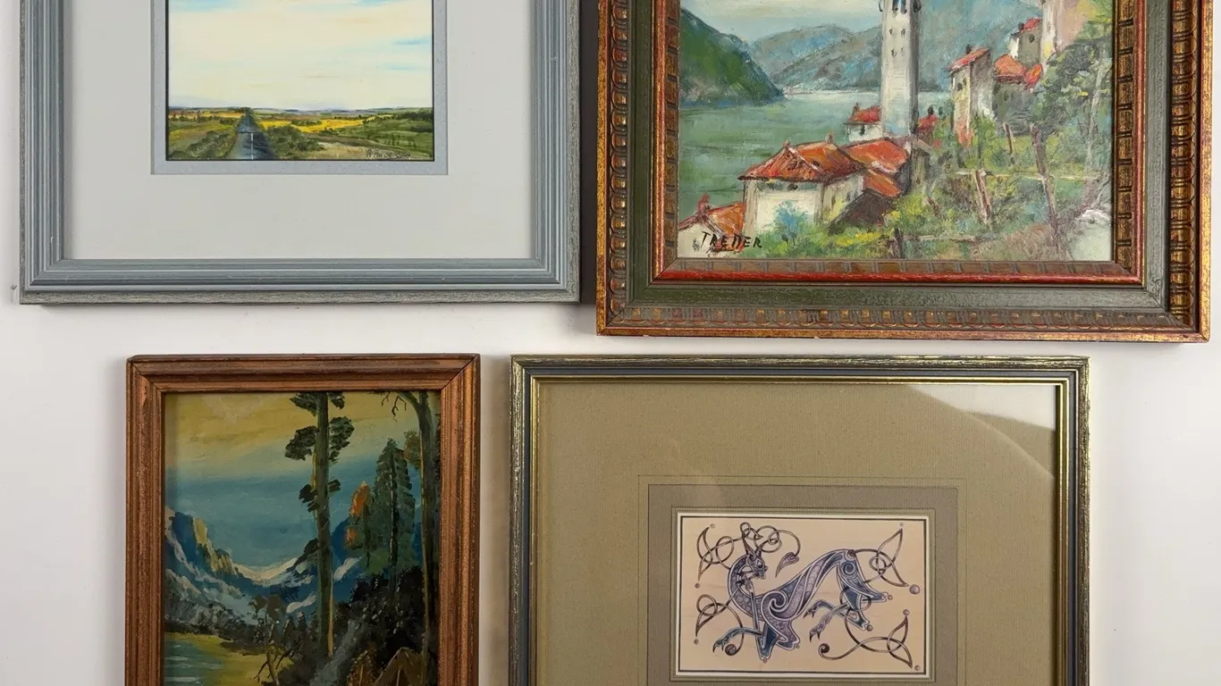 Four Framed Decorative Art Pieces with Rural Landscapes & Lighthouse