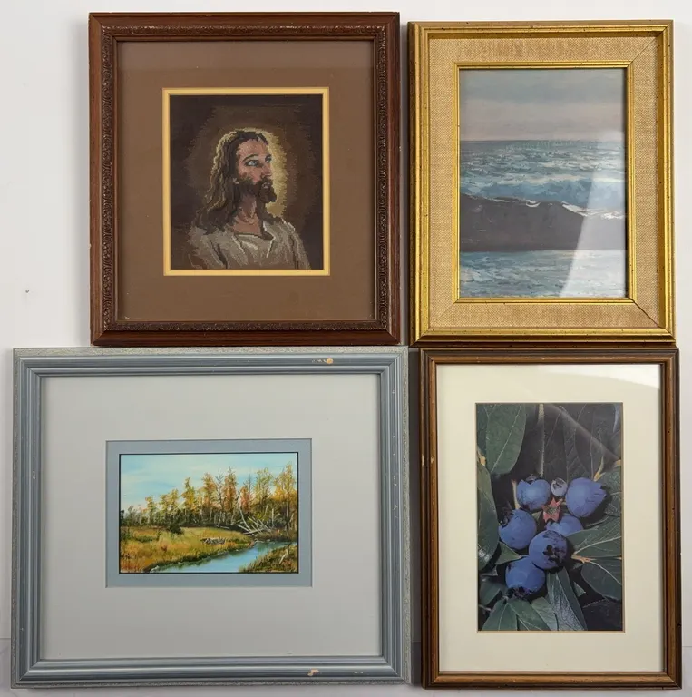 Framed Artwork Group Lot with Signed Landscape Painting, Seascape & Floral Print