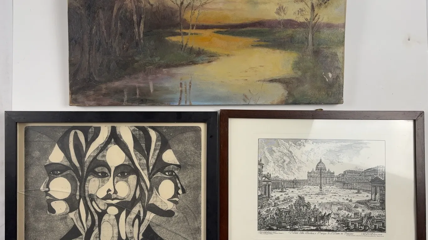 Mixed Wall Art Lot with Abstract Figural Print, Architectural Engraving & Oil Painting