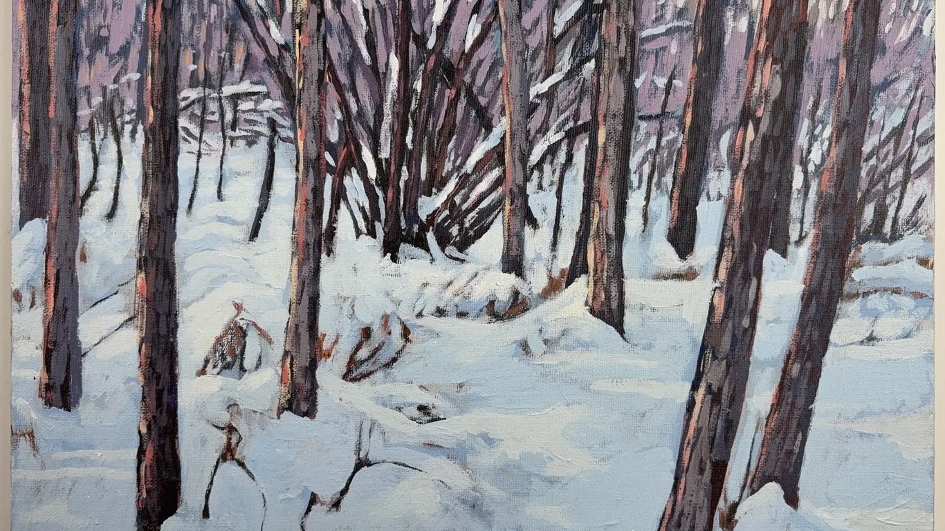 Mike Miliken Signed 1992 Winter Forest Landscape Painting "Ice Chips"