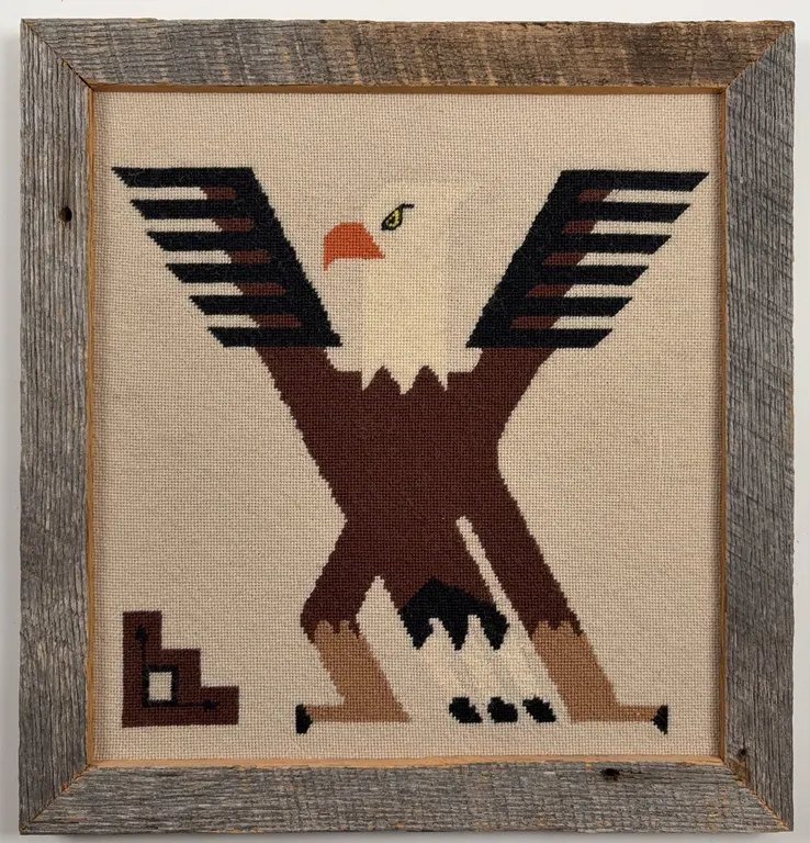 Handcrafted Needlepoint Bald Eagle Wall Art in Rustic Wood Frame