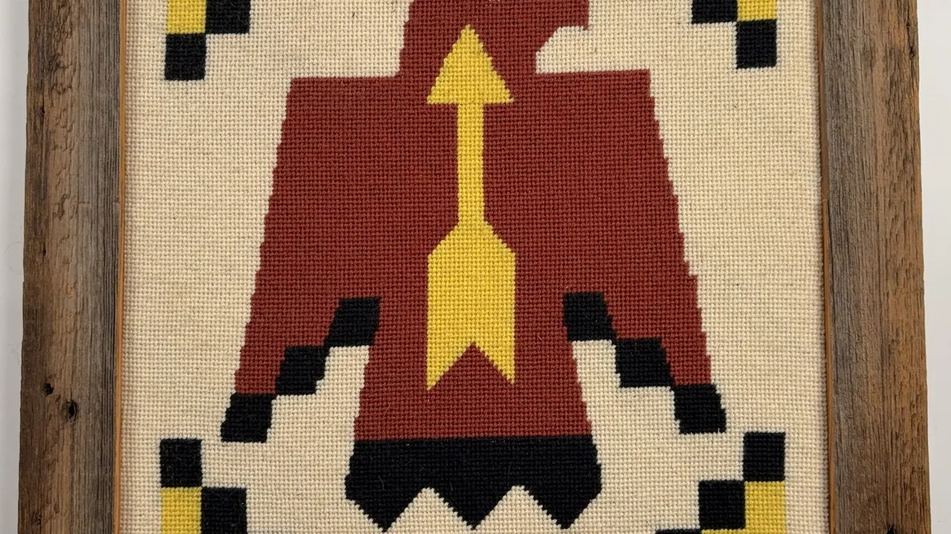 Handcrafted Thunderbird Needlepoint Textile Art in Weathered Wood Frame