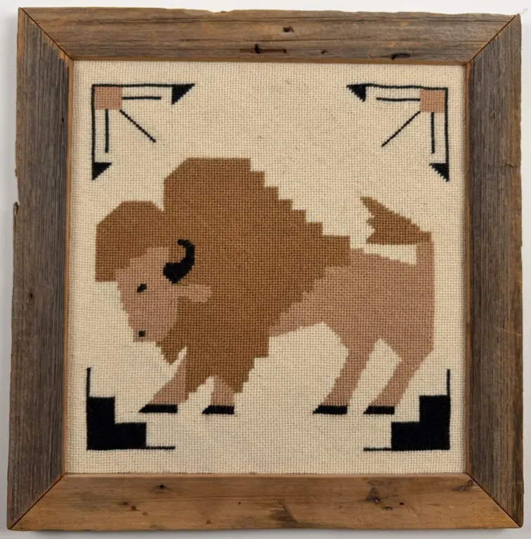 Handcrafted Bighorn Sheep Needlepoint Artwork in Rustic Wood Frame