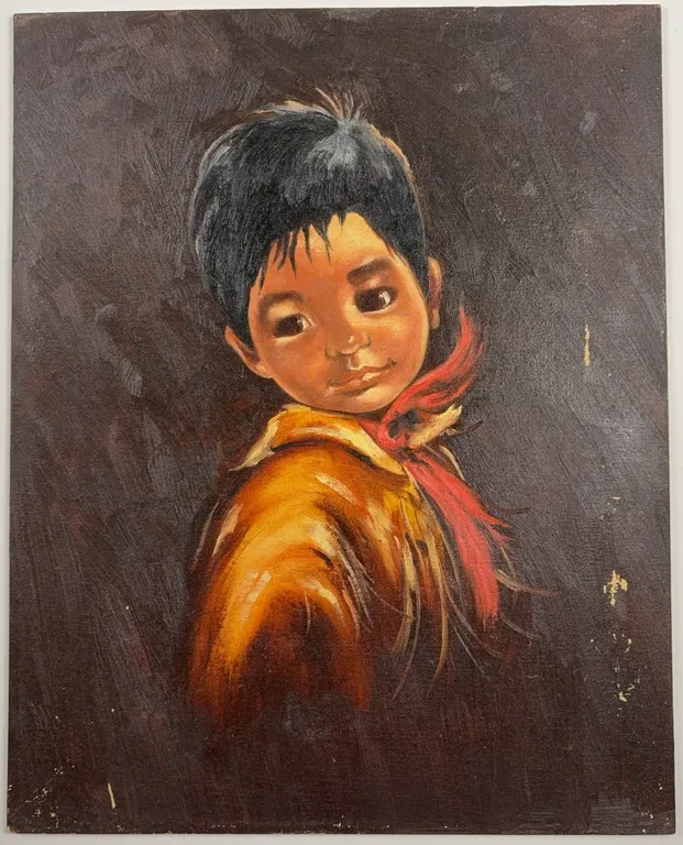Vintage Folk Art Portrait of Child, Oil on Canvas Panel
