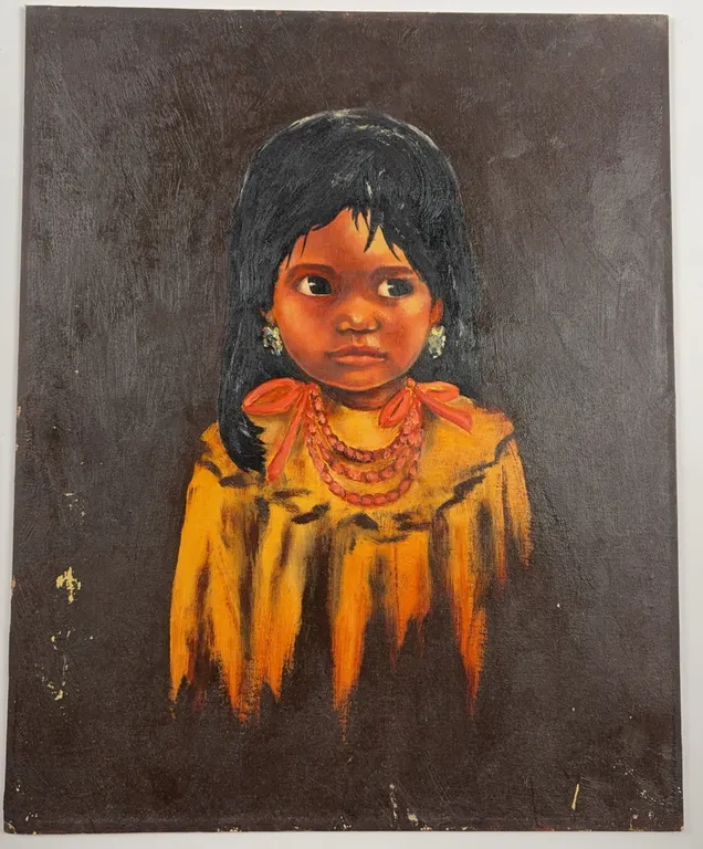 Vintage Figurative Painting of Young Child with Traditional Jewelry