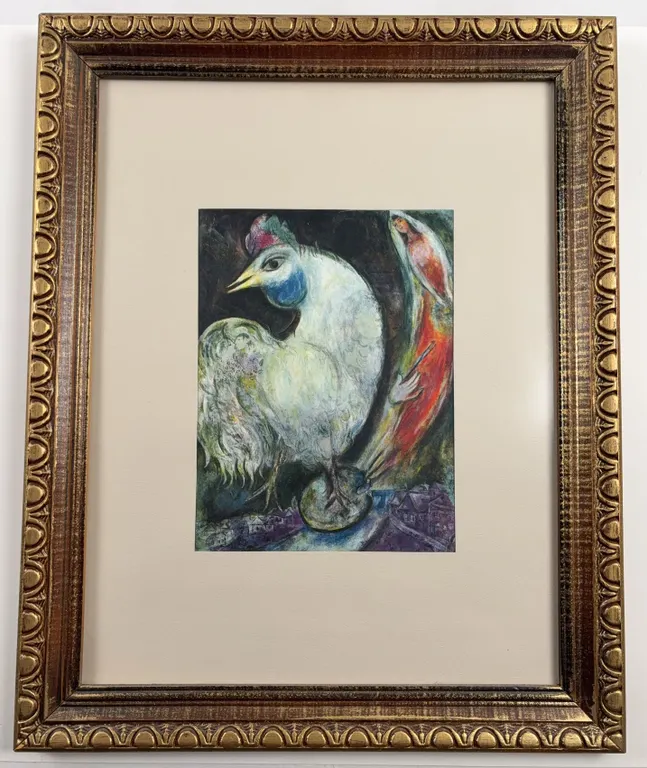Framed Rooster and Figure Art Print in Ornate Gold-Tone Frame