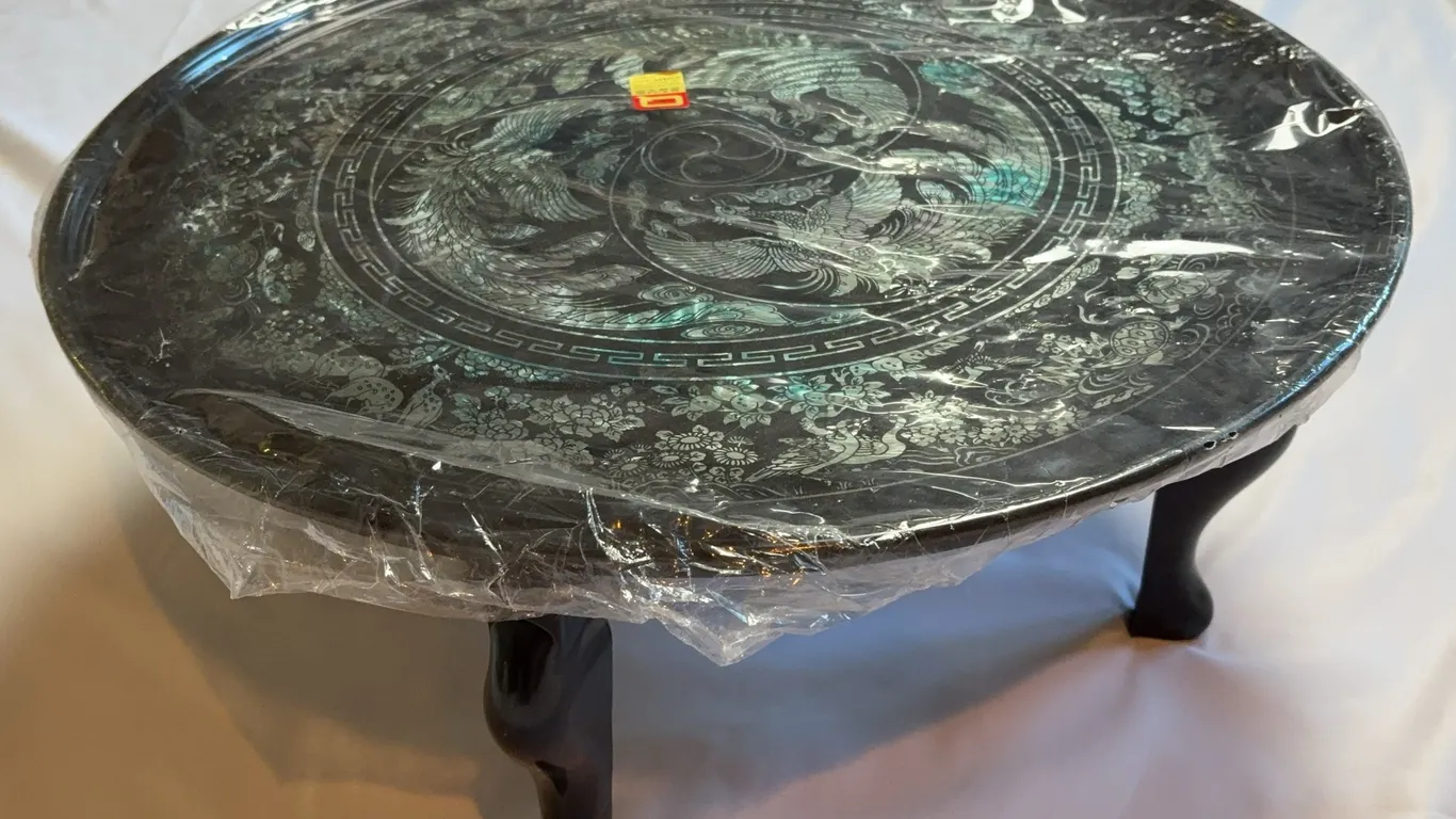 Round Asian-Style Black Lacquer Mother-of-Pearl Inlaid Display Table