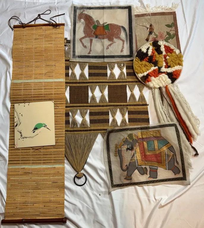 Lot of Assorted Asian Textile Wall Hangings, Bamboo Decor, and Handcrafted Fiber Art