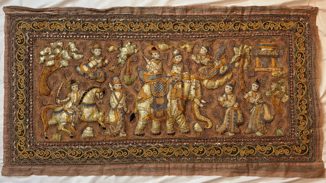 Vintage Hand Embroidered Asian Wall Hanging Tapestry