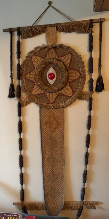 Vintage Fiber Art Wall Hanging with Macramé & Woven Sunburst Design