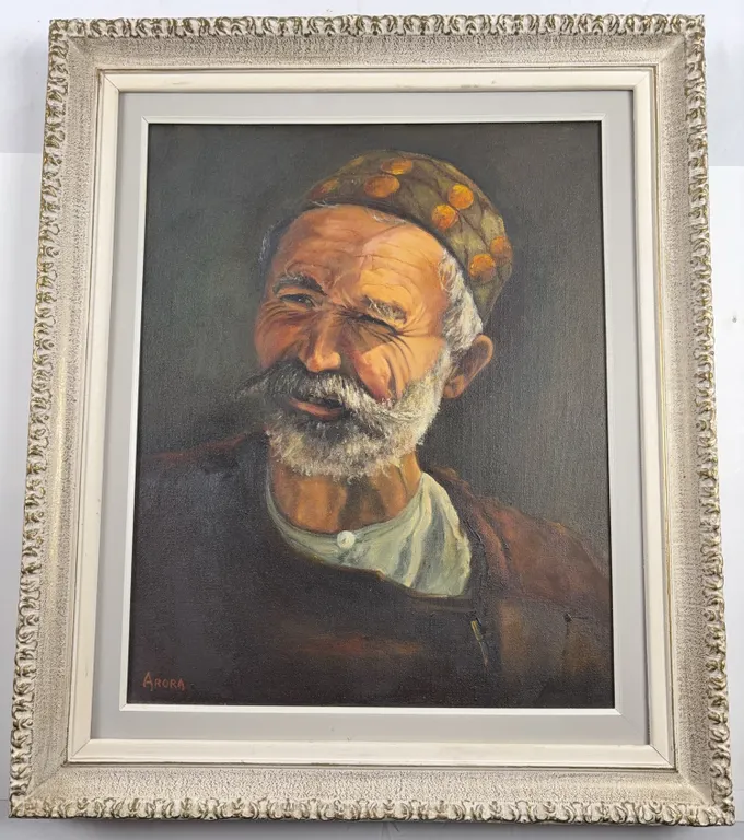 Judy Arora Signed Portrait Painting of Bearded Elder Gentleman