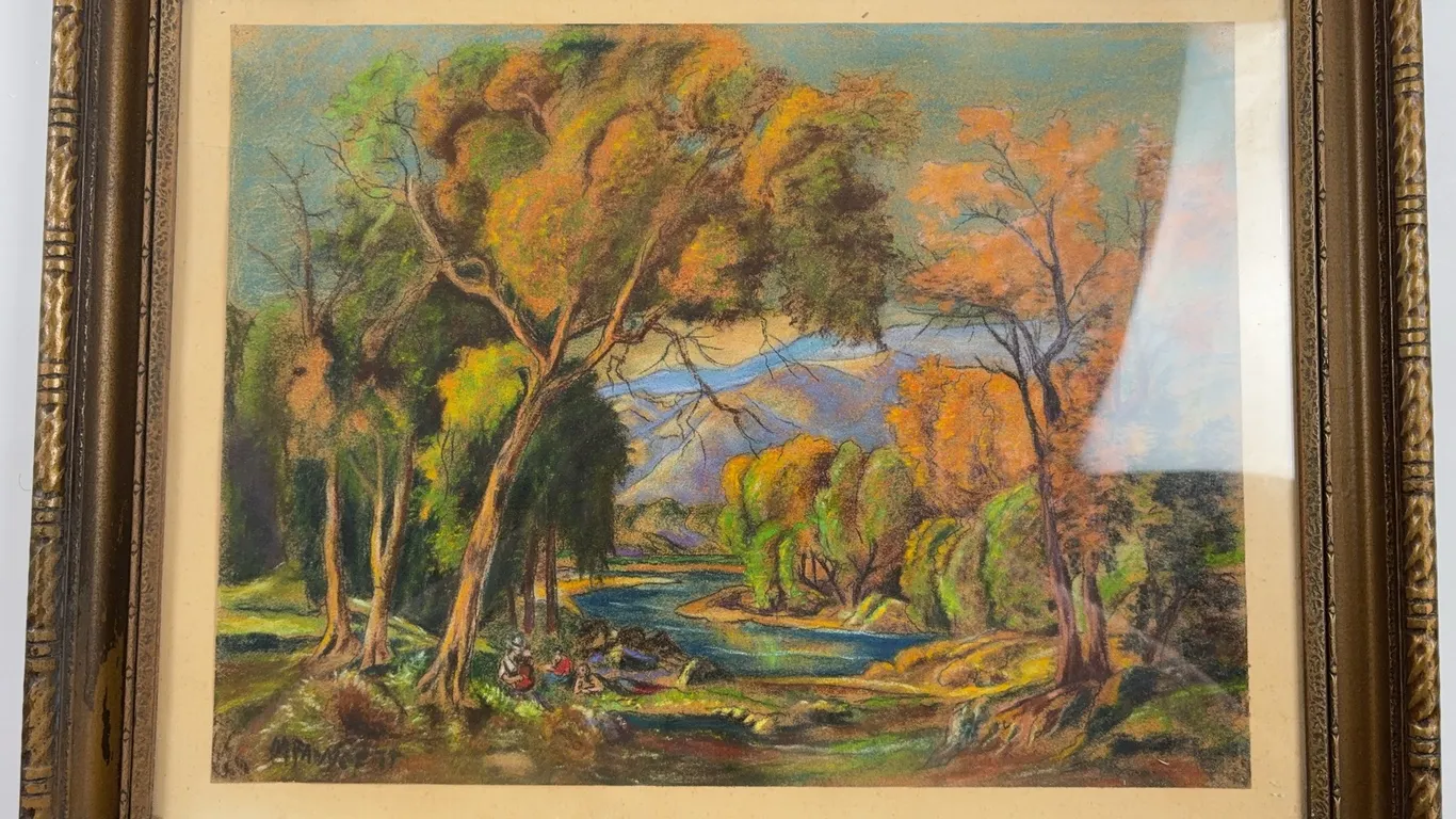 Signed Mangett River Landscape Pastel Artwork in Decorative Frame