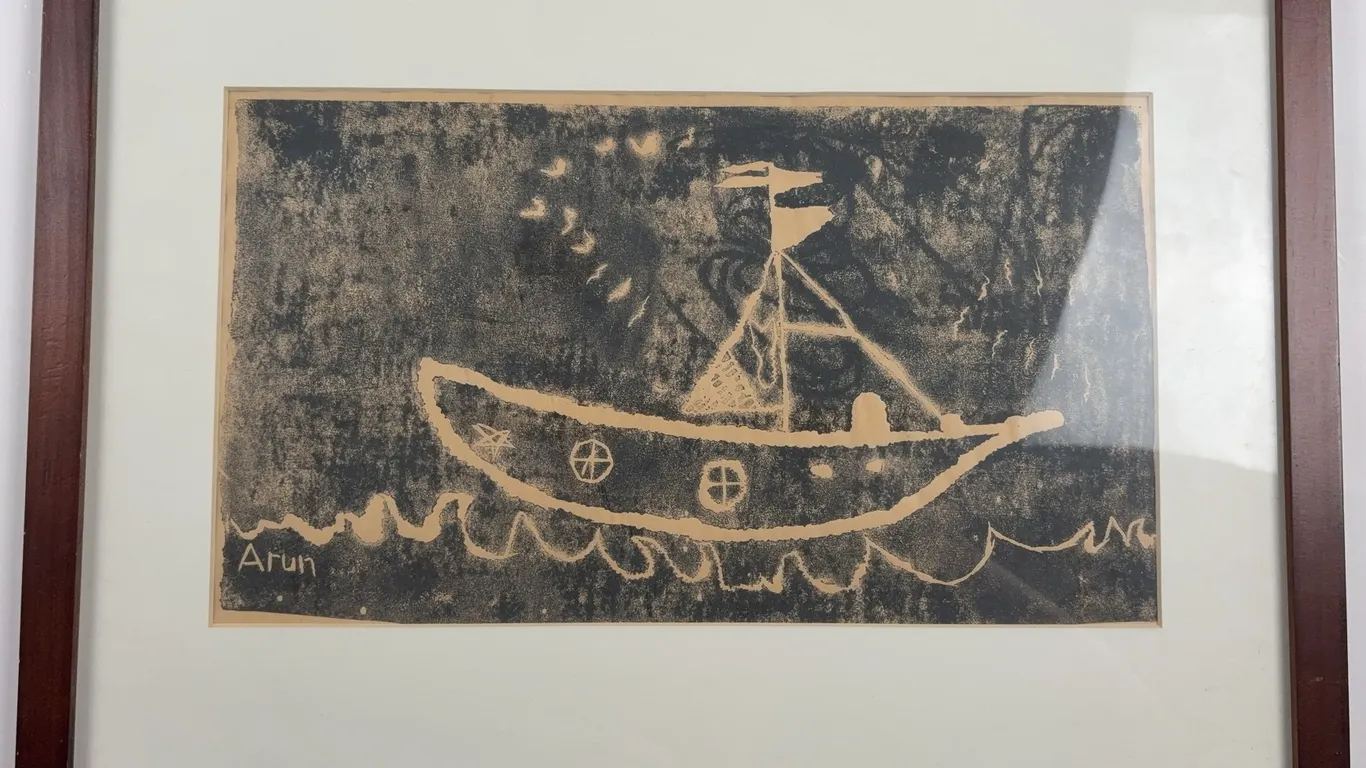 Signed Arun Nautical Folk Art Print Depicting Sailboat at Sea