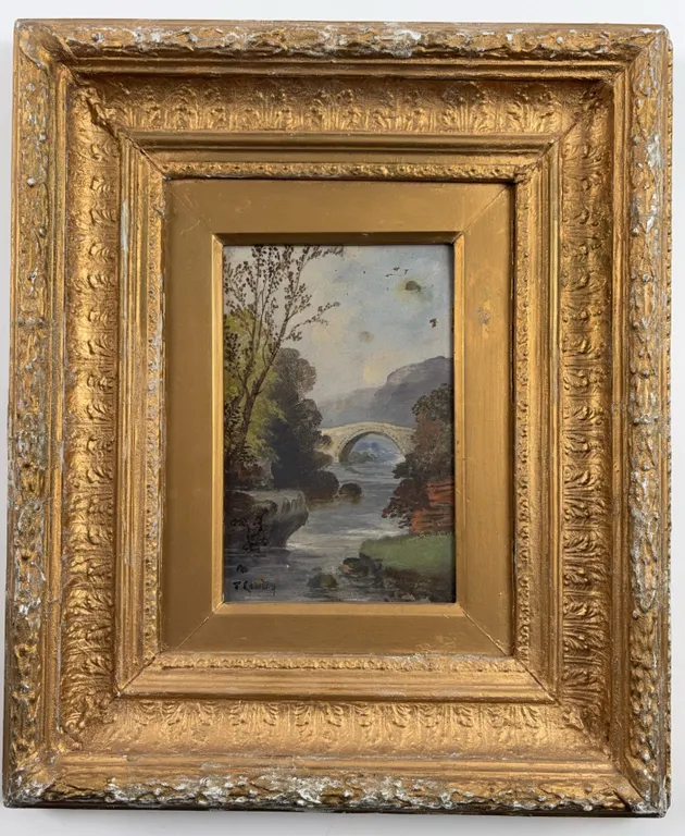 T. Rawley River Landscape with Stone Bridge Oil Painting, Framed