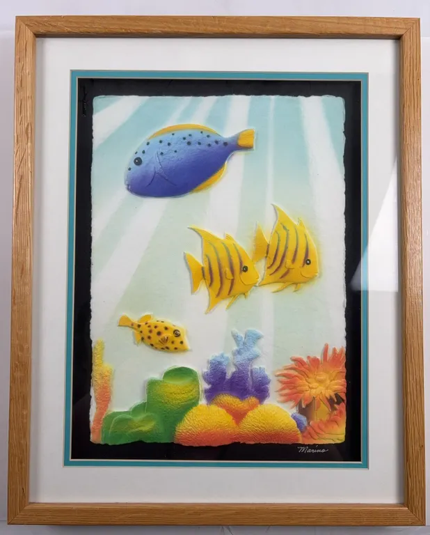 Marino Tropical Fish & Coral Reef Mixed Media Artwork, Framed