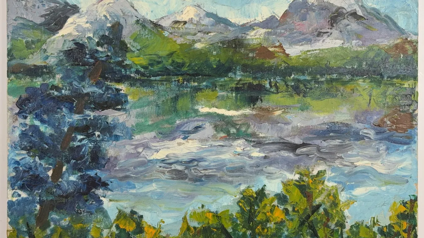 Signed Mountain Lake Landscape Oil Painting on Canvas