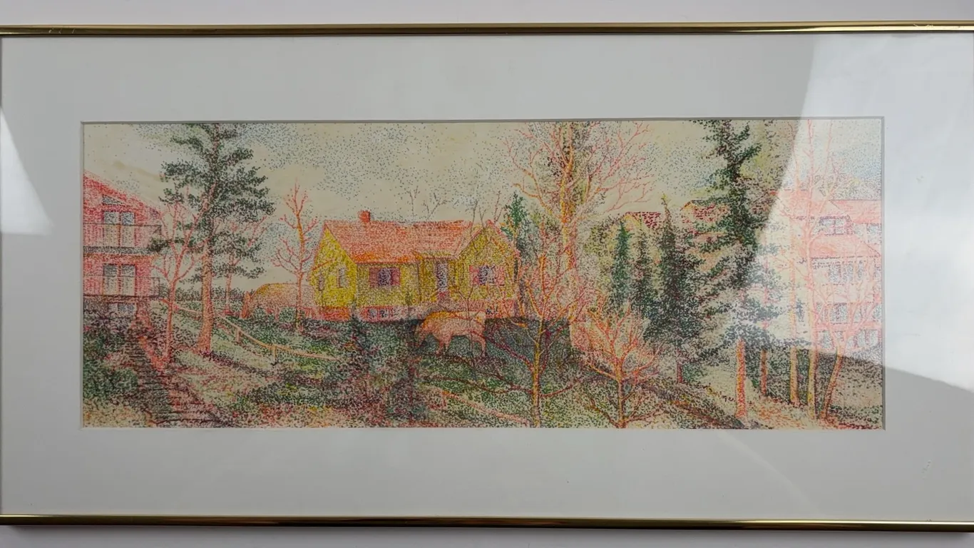 Framed Pointillist Countryside Landscape Print with Grazing Sheep