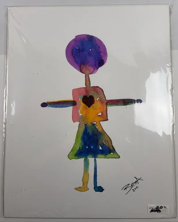 Britt 2001 Abstract Watercolor Figure with Heart, Signed