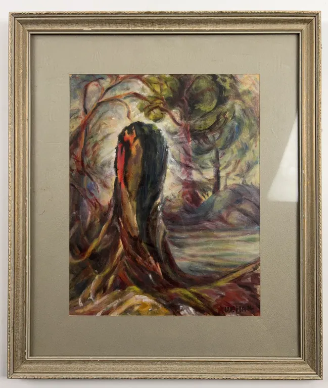 U. Hall Expressionist Forest Stump Landscape Painting, Framed