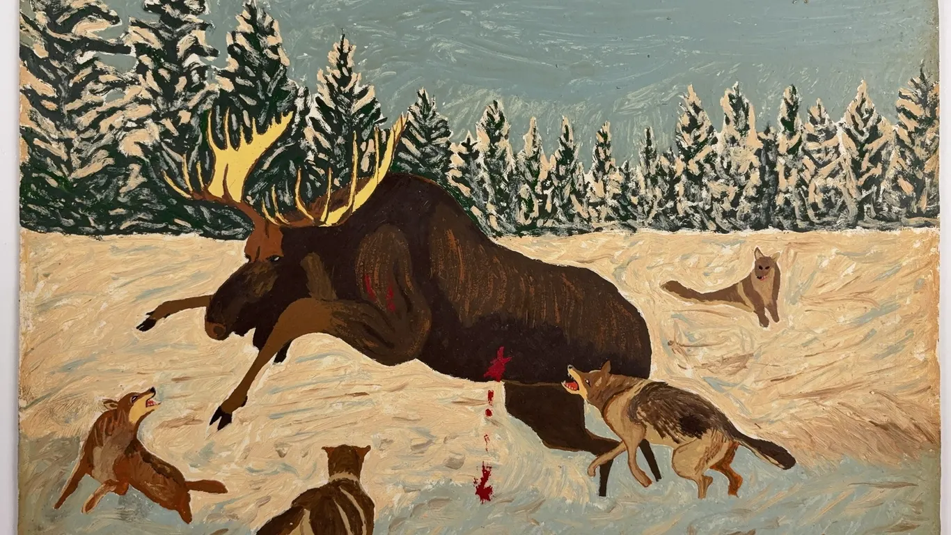 H. Meterman (1950) Oil Painting of Moose Surrounded by Wolves in Winter Landscape