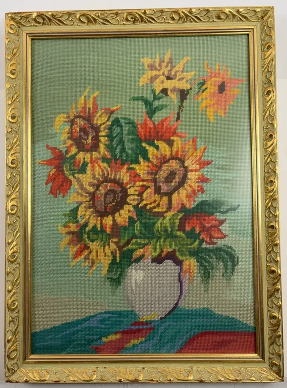 Framed Needlepoint Sunflower Still Life Textile Artwork Dated 1976